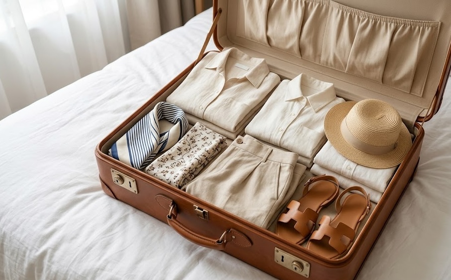 A beautifully organized suitcase with neutral toned linen clothing