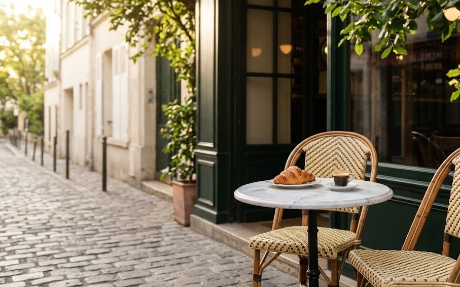 A delicate croissant and coffee on a marble table in a Parisian cafe